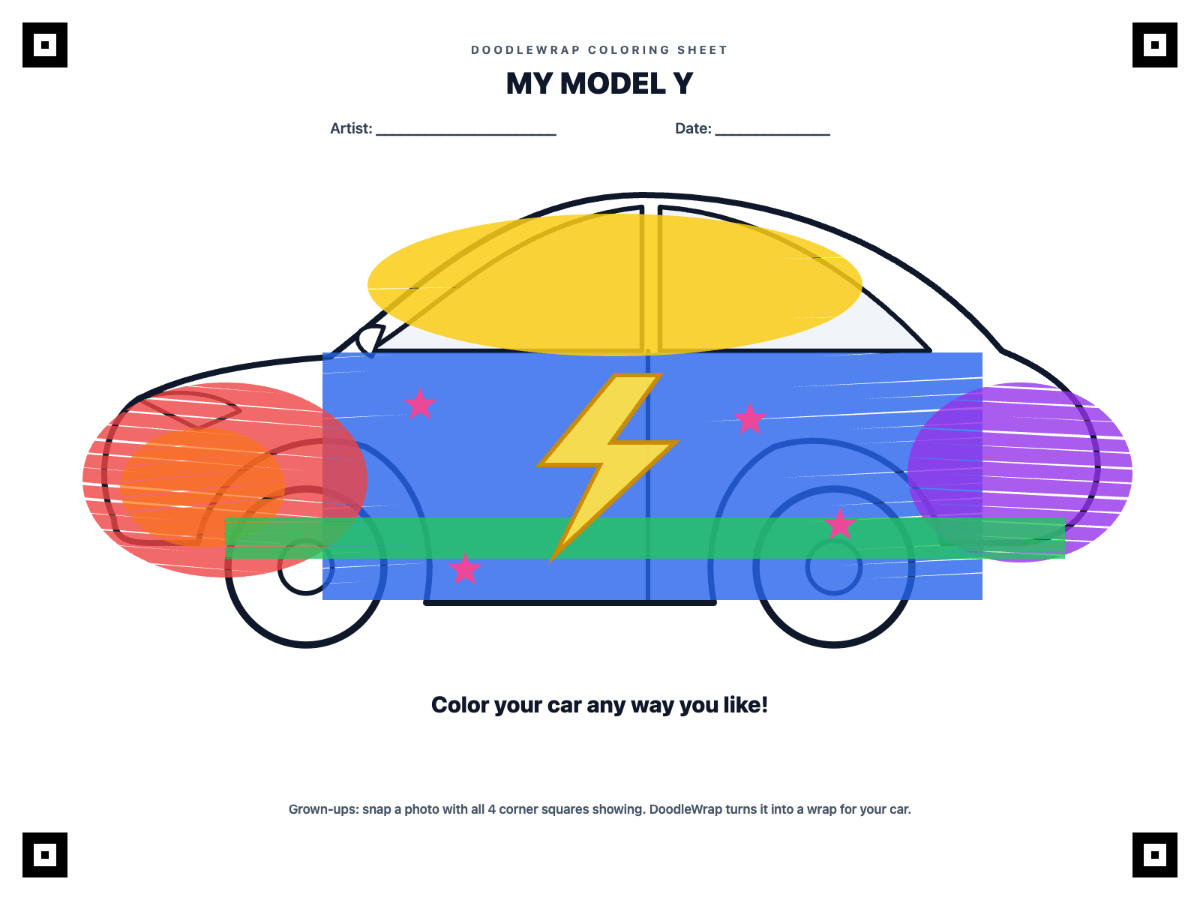 A colored DoodleWrap sheet: a side-view car with a red nose, blue doors, a yellow lightning bolt, pink stars and a purple tail