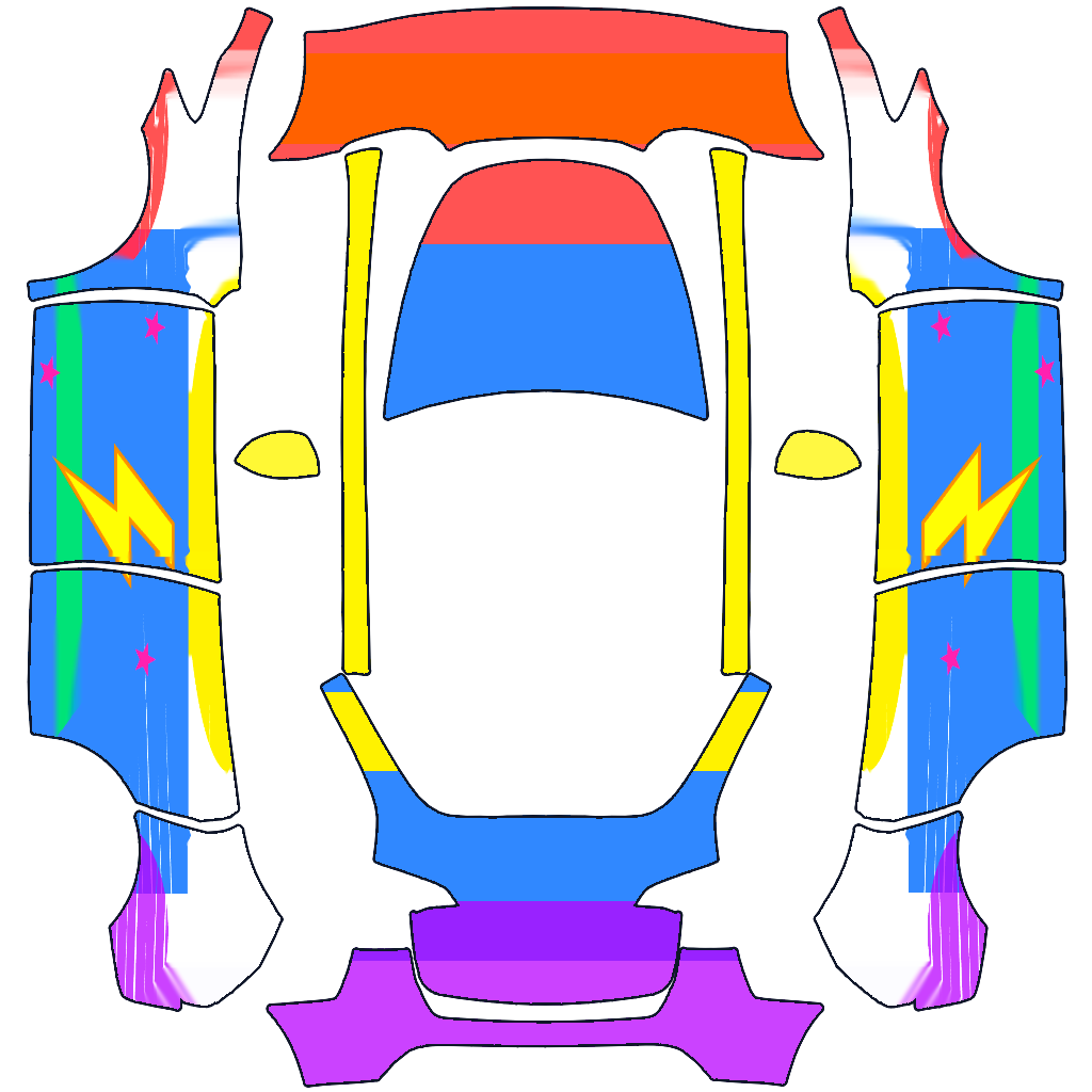 The generated Model Y wrap layout, with the drawing mapped onto both sides and matching colors on the hood, roof rails and trunk