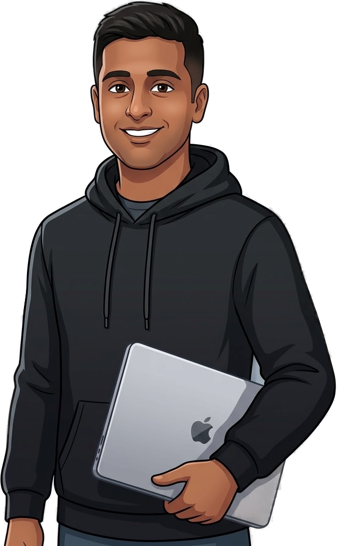 Illustration of Dheepak Shunmugavel in a black hoodie, holding a laptop